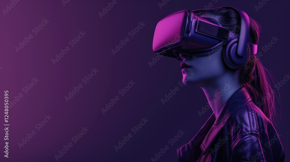 Woman wearing futuristic technology of virtual reality and headset in purple neon color scene Woman wearing futuristic technology of virtual reality and headset in purple neon color scene