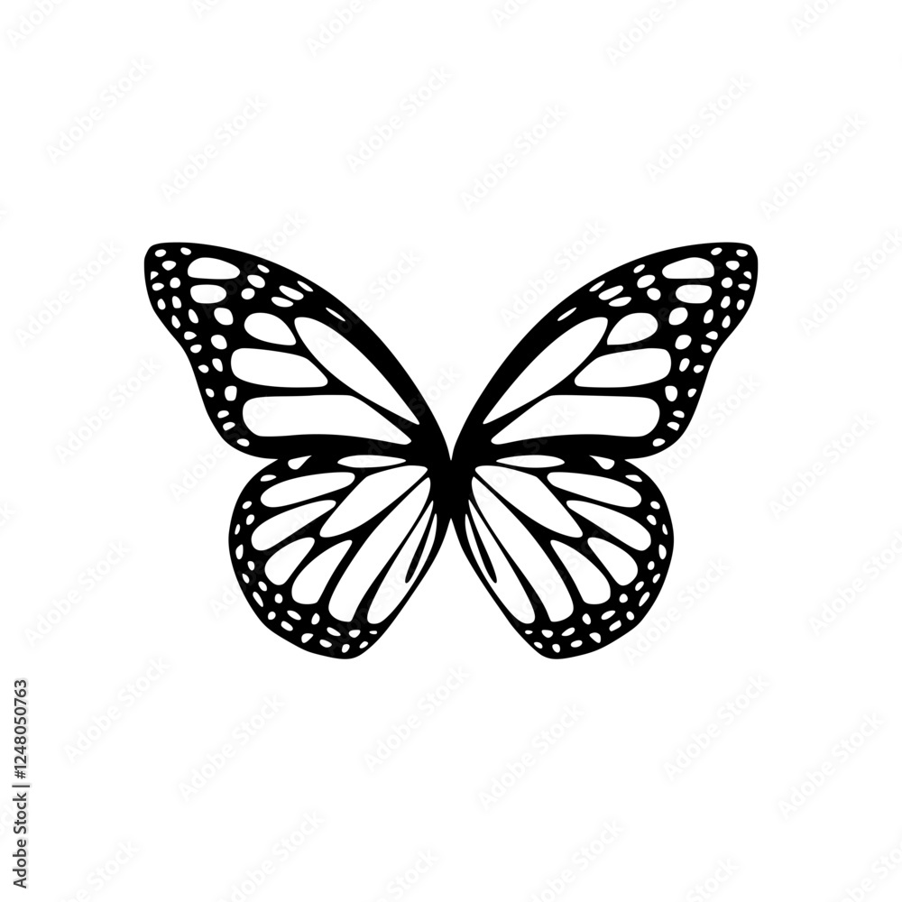 Obraz premium Black and White Butterfly Silhouette Illustration, A detailed black and white butterfly silhouette with symmetrical wings, designed in a minimalist and artistic style on a light background. 
