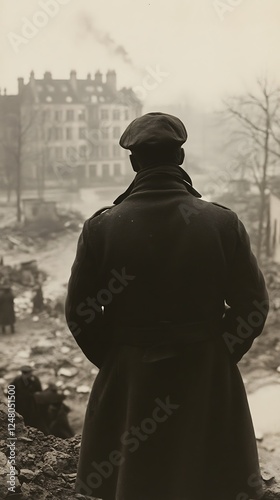 Soldier surveys war-torn city