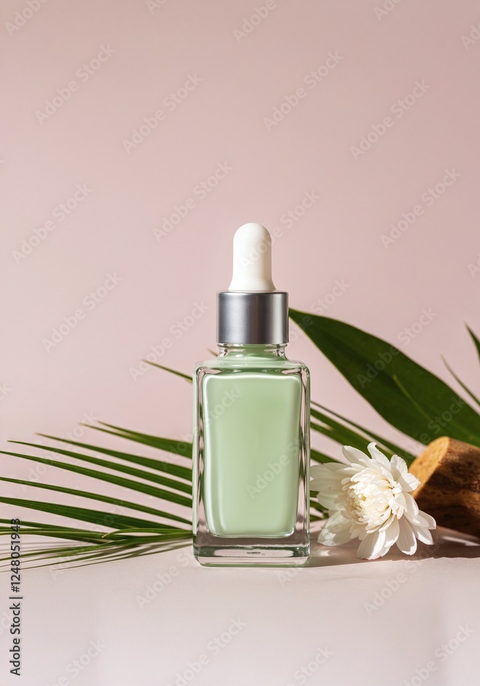 Serum bottle with flowers on pink background Serum bottle with flowers on pink background