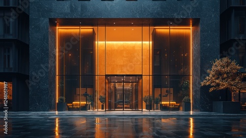Illuminated city building entrance at night