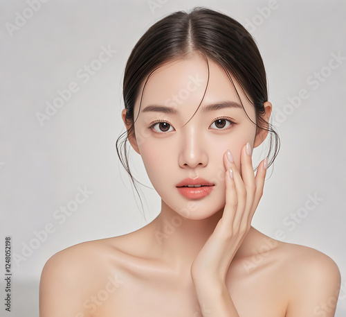 Close-up of a beautiful Asian girl with one hand resting on her face with healthy skin