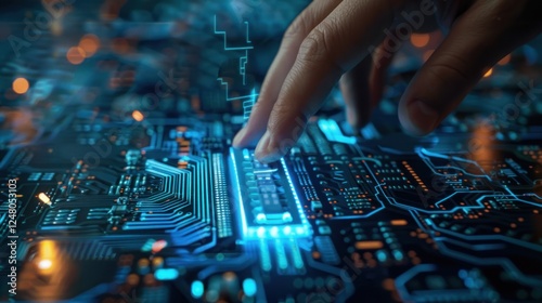 Hand touch a circuit board CPU processor microchip technology. Generated AI image