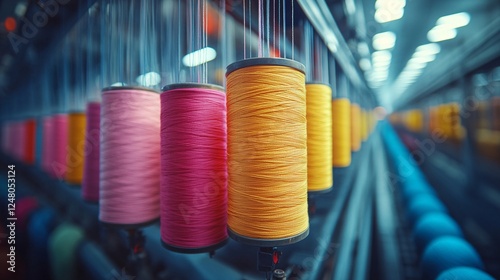 Textile factory with yarn spools on a spinning machine, vibrant threads in motion, showcasing industrial textile production