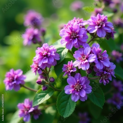 The shali violet bush is covered with purple flowers that are blooming in clusters on the stem, clusters, plants photo