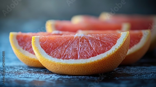 A close-up shot of sliced grapefruit on a table, great for food or lifestyle photography photo