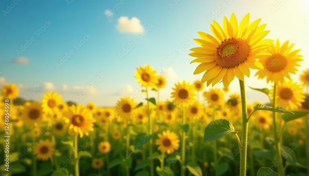 Fototapeta premium Tall sunflowers swaying in the gentle wind with warm sunlight, sunflowers, wind, natural scenery