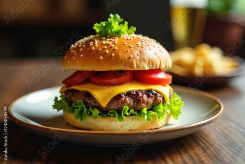 Tapa de hamburguesa res con queso fresco y lechuga sobre una bandeja plateada, lechuga, queso, carne photo