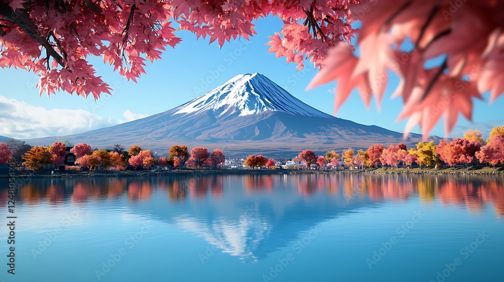 Fototapeta premium Serene view of Mount Fuji surrounded by vibrant cherry blossoms reflecting in a calm lake
