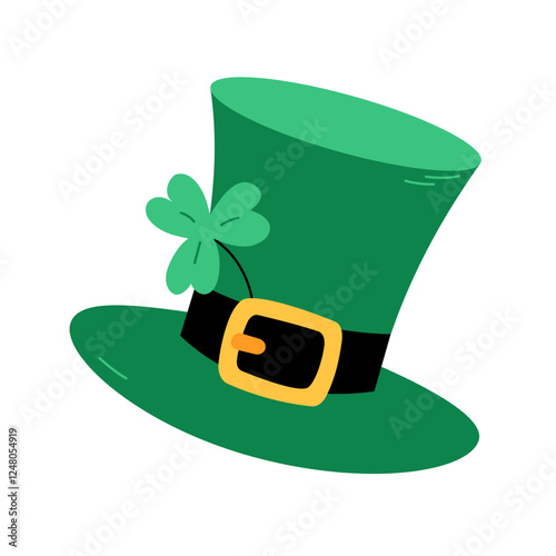 Leprechauns top hat isolated. Vector illustration. Irish Saint Patricks Day symbol. Patricks Day March 17 isolated design element. Green leprechaun hat with shamrock