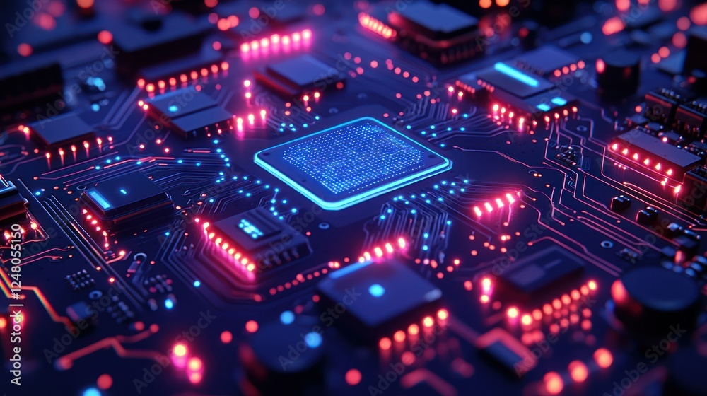 Illuminated CPU on Circuit Board, Tech Background (2) Illuminated CPU on Circuit Board, Tech Background (2)