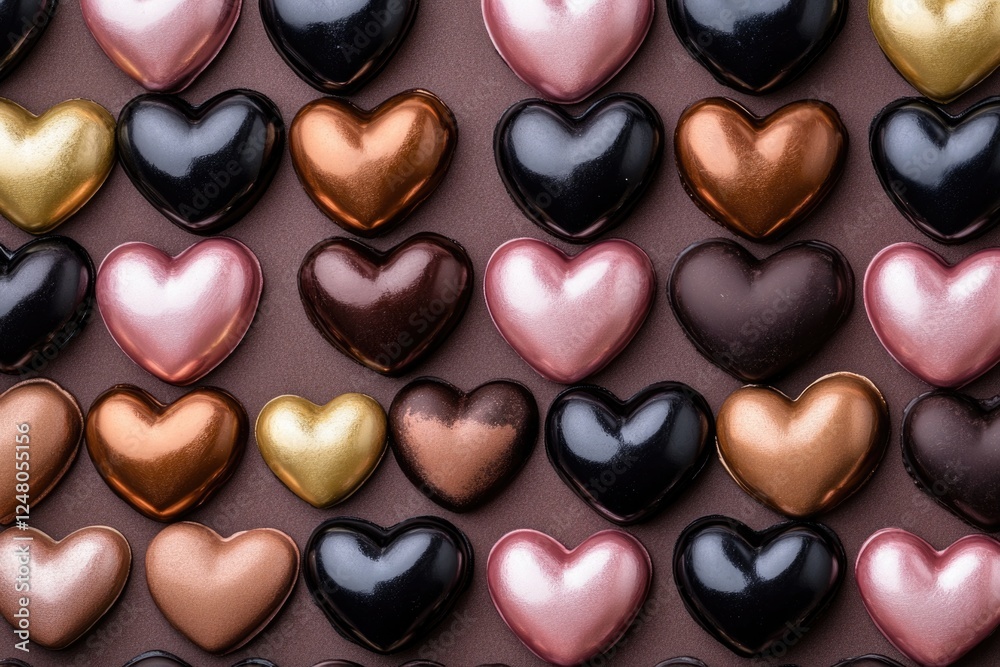 Obraz premium A detailed view of various chocolate hearts arranged on a surface