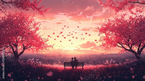 Romantic sunset scene with a couple on a bench.