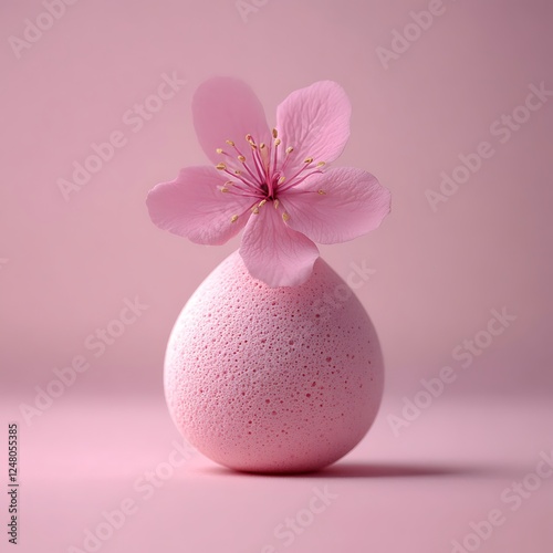 Pink Easter Egg with Cherry Blossom on Pink Background