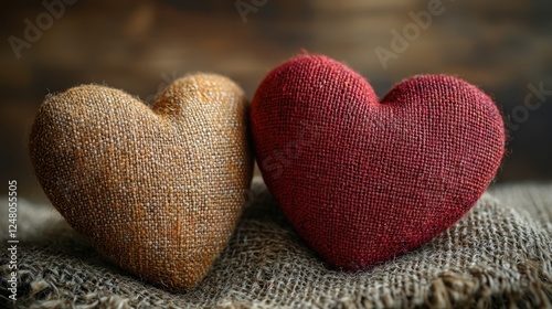 Two fabric hearts on a textured background.