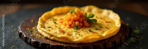 Smoked corn tortilla with edible gold dust and caviar, torilla, presentation photo