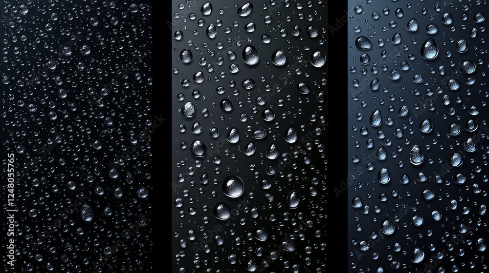 Fototapeta premium Black background with clear water drops from rain, dew or steam condensation. Wet surface with liquid raindrops, pure aqua bubbles, vector realistic illustration