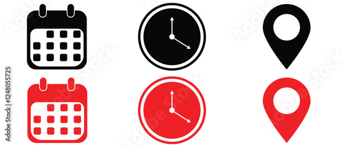 Time, date and address icon set. Calendar, clock, location.  Stopwatch timer icon. Date Calendar icon - Web icons set