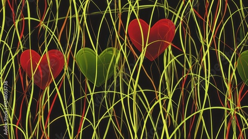 Hearts among vibrant grass in a digital design.