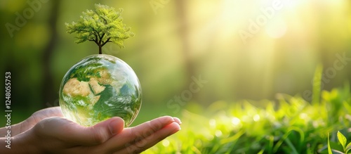 Human hand holding transparent glass globe with growing tree on nature green blur background.