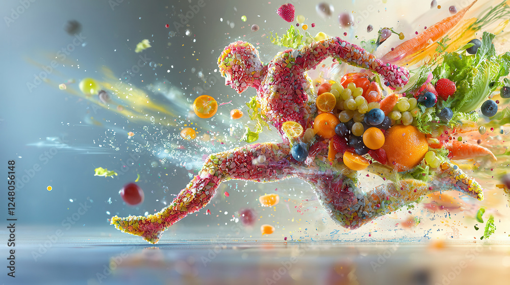 vibrant running figure composed of fresh fruits and vegetables, symbolizing health and vitality
