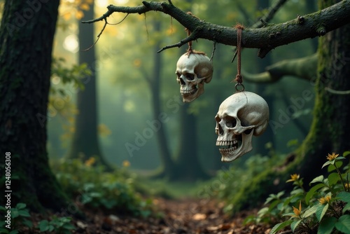 Skulls of dead trees hang from branches like macabre ornaments, arboreal skeletons, forest decay, woodland ambiance photo