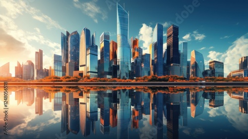 City skyscrapers with tall glass office buildings at sunny day. AI generated image