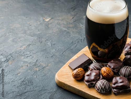 Craft stout beer with chocolate treats on a wooden board. Alcoholic beverage with food.