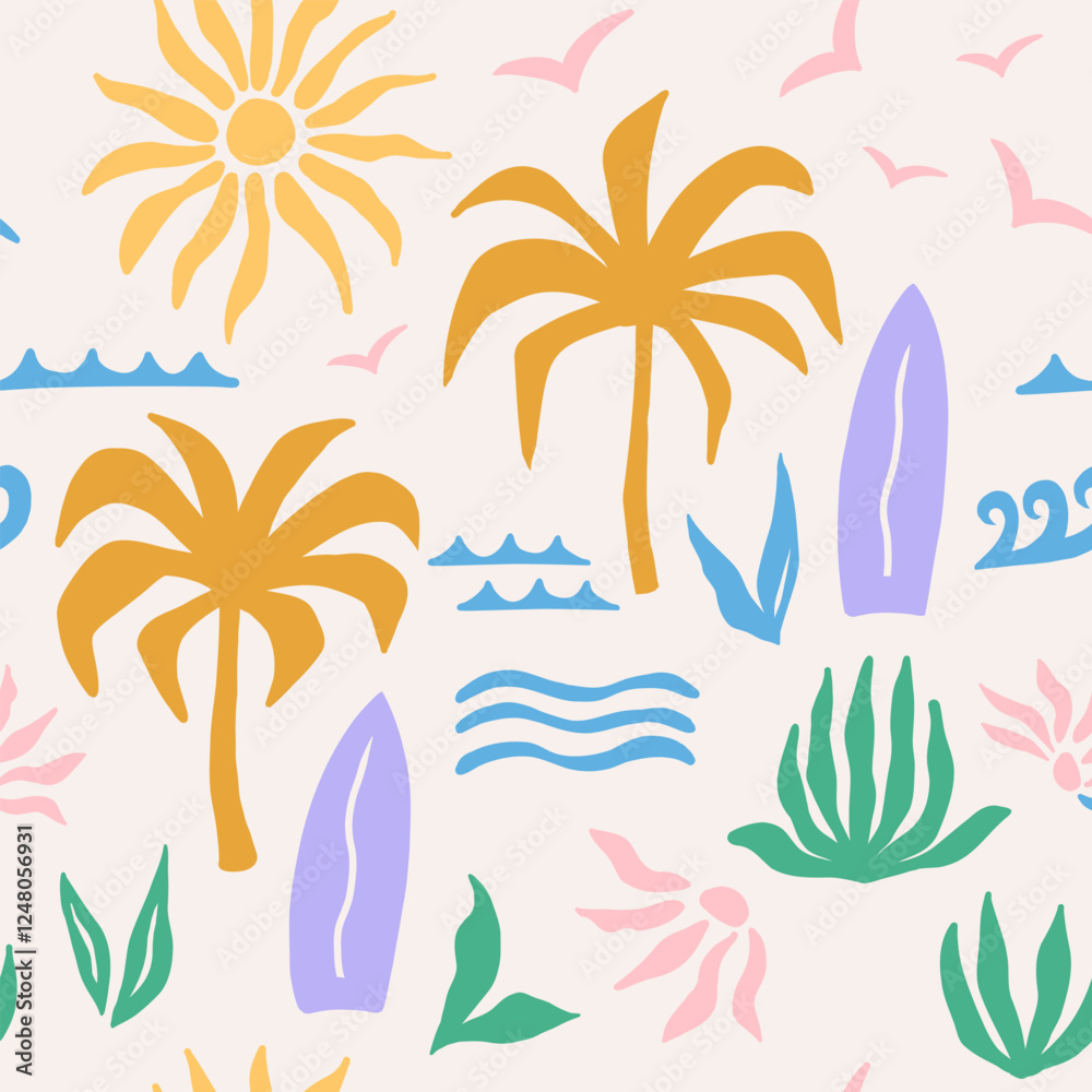 Abstract tropical seamless colorfull pattern with palm leaves, surfboard and sun. Hand drawn minimal art background. Surface cover design. Fabric textile print.
