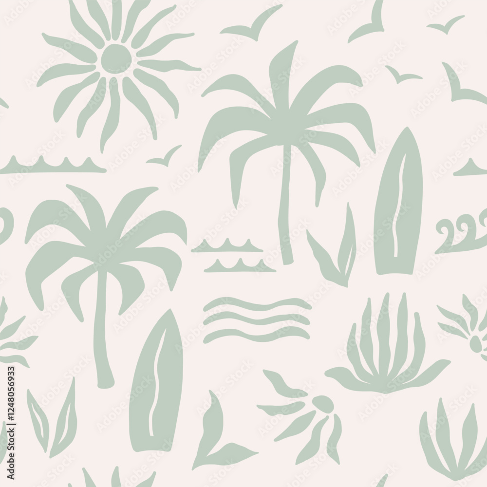 Abstract tropical seamless pattern with palm leaves, surfboard and sun. Hand drawn minimal art background. Fabric textile print. Surface cover design.