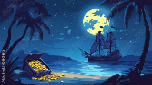 Pirate ship moored on island with treasure at night. Chest with gold and shovel under full moon, filibuster loot on sea beach with palm trees. Adventure book or game scene, Cartoon vector illustration