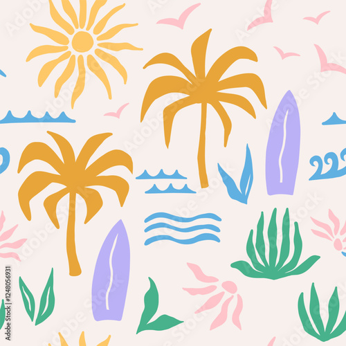 Abstract tropical seamless colorfull pattern with palm leaves, surfboard and sun. Hand drawn minimal art background. Surface cover design. Fabric textile print.