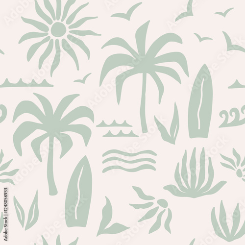 Abstract tropical seamless pattern with palm leaves, surfboard and sun. Hand drawn minimal art background. Fabric textile print. Surface cover design.