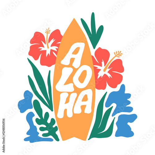 Aloha, surf beach vibes. Tropical logo with surfboard, hibiscus flowers, palms leaves, sea waves. Aloha lettering. Summer fabric textile print. Vector isolated  background.