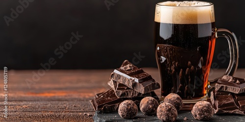 A frothy stout beer with chocolate and truffles on a wooden surface. Alcoholic beverage with food.