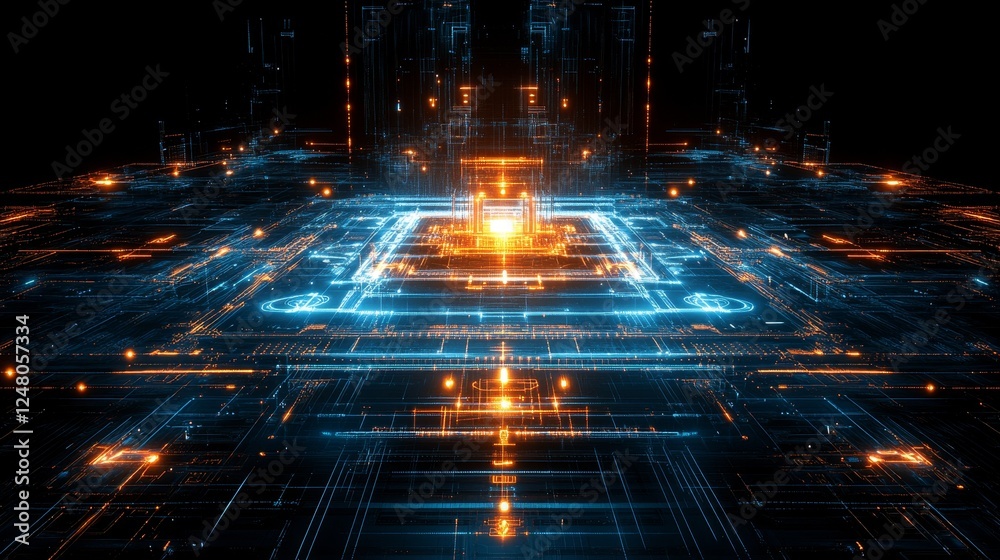 Fototapeta premium Abstract Digital Network Futuristic Technology Background Data Stream Glowing Lines Circuit Board