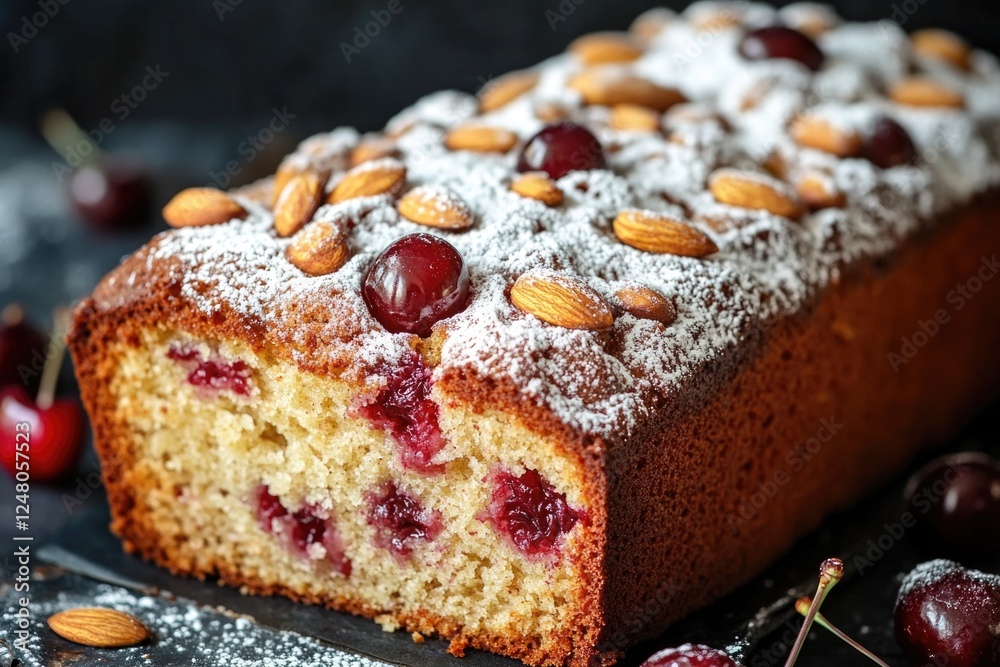 Freshly baked cake filled with cherries and topped with almonds, perfect for a sweet treat Freshly baked cake filled with cherries and topped with almonds, perfect for a sweet treat