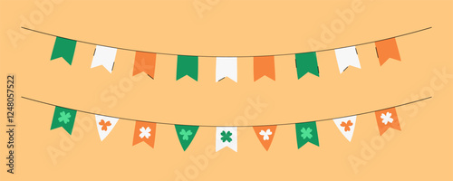 Saint Patricks Day flag banners with shamrocks vector illustration. Isolated festive hanging flags party decoration. Cute design elements Patricks Day March celebration. Green, orange, white colors