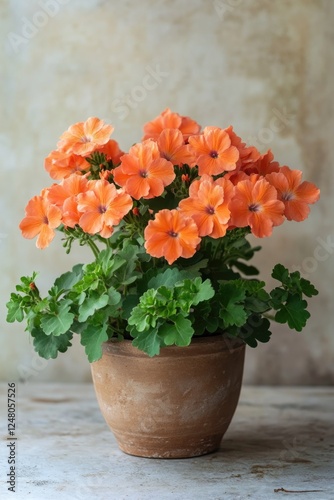 A potted plant with vibrant orange flowers on a table, great for interior decoration or gift