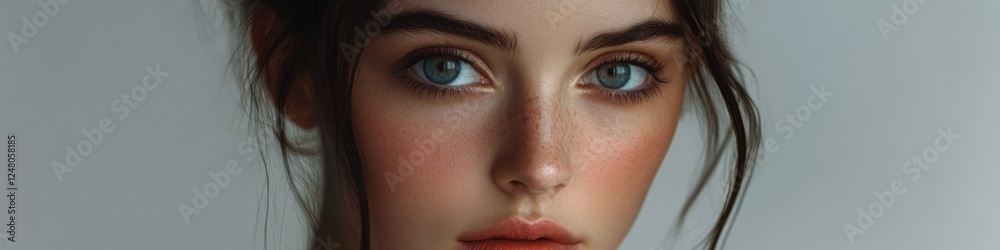 Close-up view of a woman's face with bright blue eyes Close-up view of a woman's face with bright blue eyes