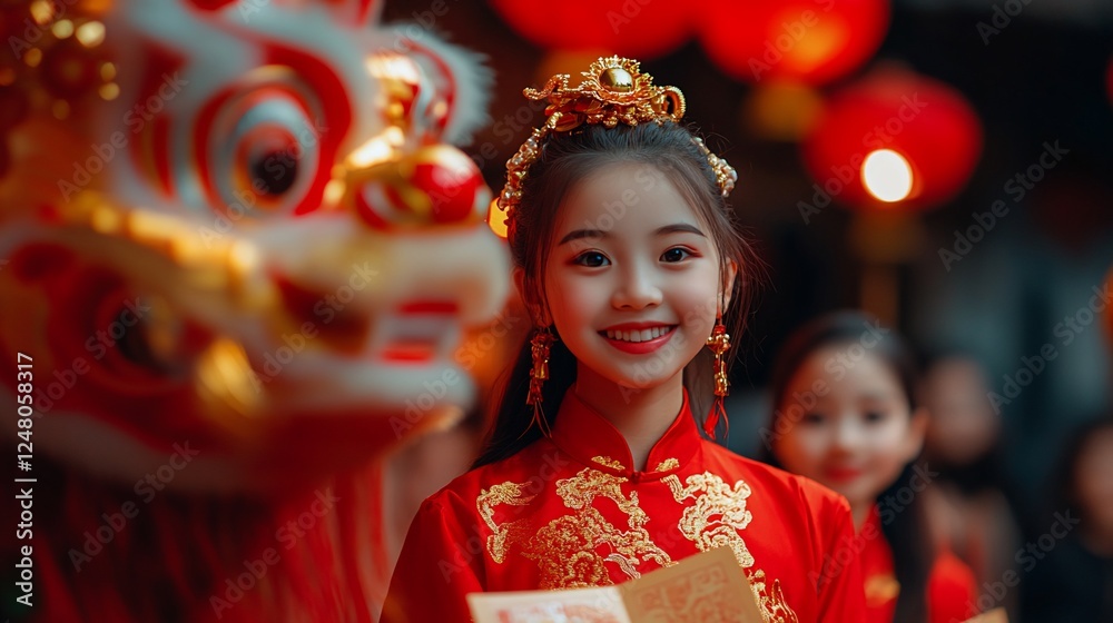 Girl smiles, lion dance, lanterns, festival, celebration Girl smiles, lion dance, lanterns, festival, celebration