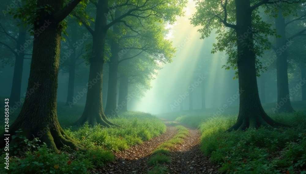 Naklejka premium misty forest with towering trees and a winding path, peaceful atmosphere, pathway