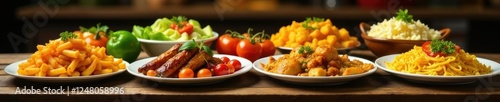 Mesa de banquete con diferentes tipos de comida, alimentos, panes