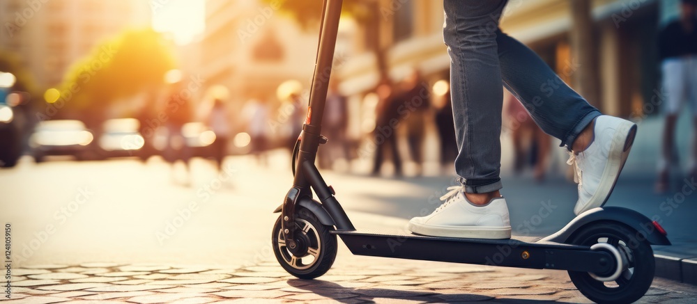 custom made wallpaper toronto digitalCropped of young man driving stand-up scooter in the city at sunset. AI generated image