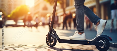 Wallpaper Mural Cropped of young man driving stand-up scooter in the city at sunset. AI generated image Torontodigital.ca