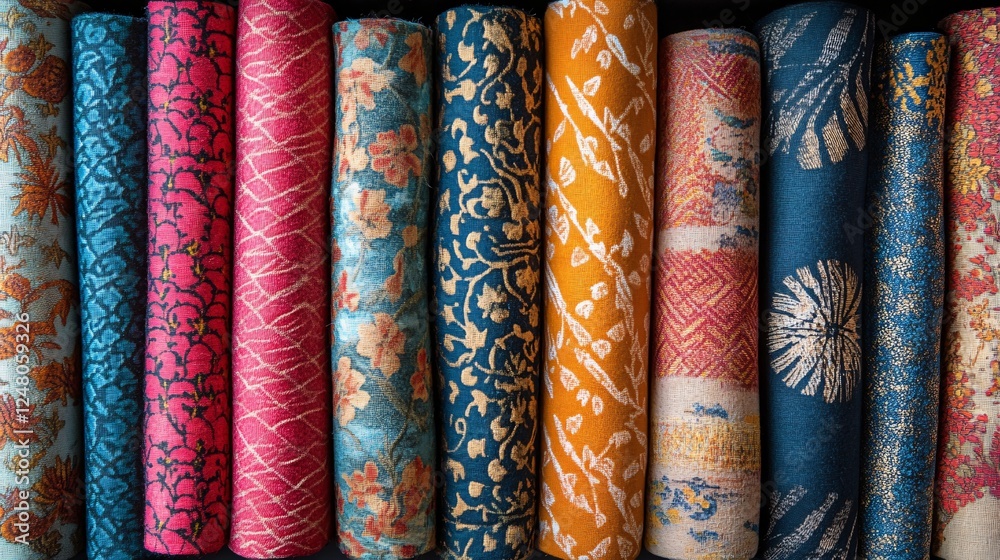 Neatly arranged collection of colorful fabric rolls, offering a vibrant palette for textile designers, highlighting texture and pattern Neatly arranged collection of colorful fabric rolls, offering a vibrant palette for textile designers, highlighting texture and pattern