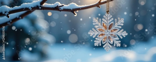 Glassblown snowflake ornament hanging from branch amidst falling snow, snowy, delicate photo