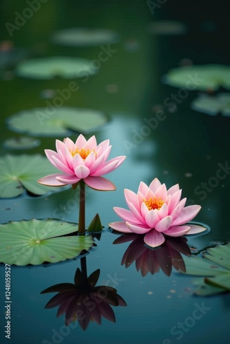 Gentle ripples disturb the calm surface of a pond with blooming water lilies, peaceful, blossoms, flowers