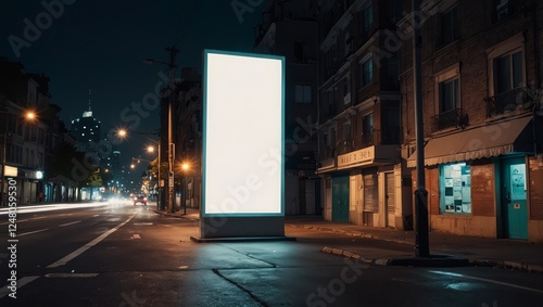 Minimalist White Vertical Banner Lit by Streetlights in Urban Night Setting

