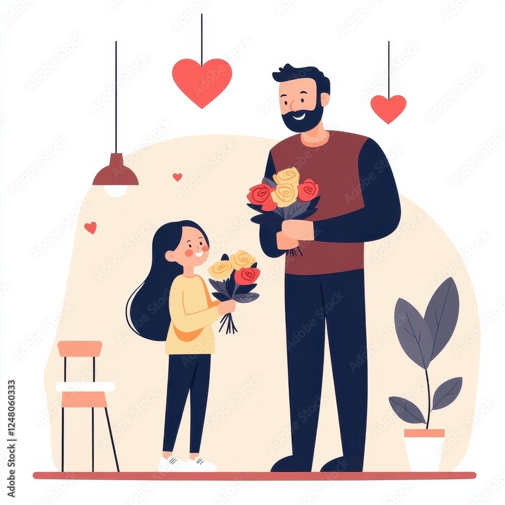 Heartwarming Moment of a Father and Daughter Giving Flowers in a Cozy Modern Indoor Setting with Hearts Heartwarming Moment of a Father and Daughter Giving Flowers in a Cozy Modern Indoor Setting with Hearts